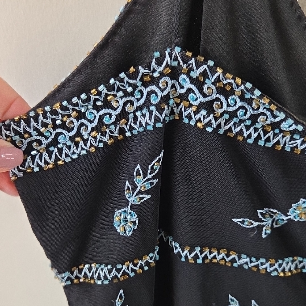 Vintage MARINA Black Camisole with Blue And Gold Floral Beading Womens Large - Picture 6 of 11